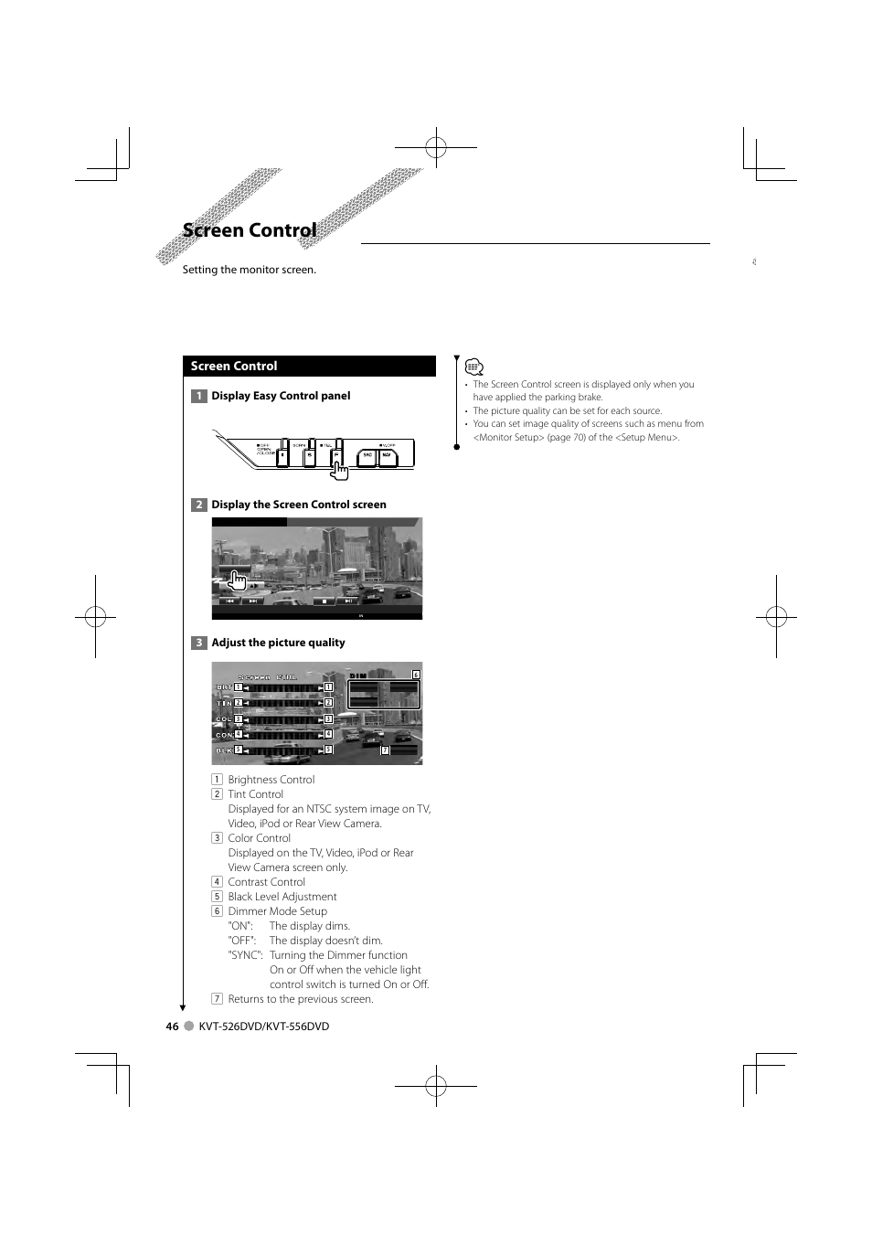 Screen control | Kenwood KVT-526DVD User Manual | Page 46 / 96