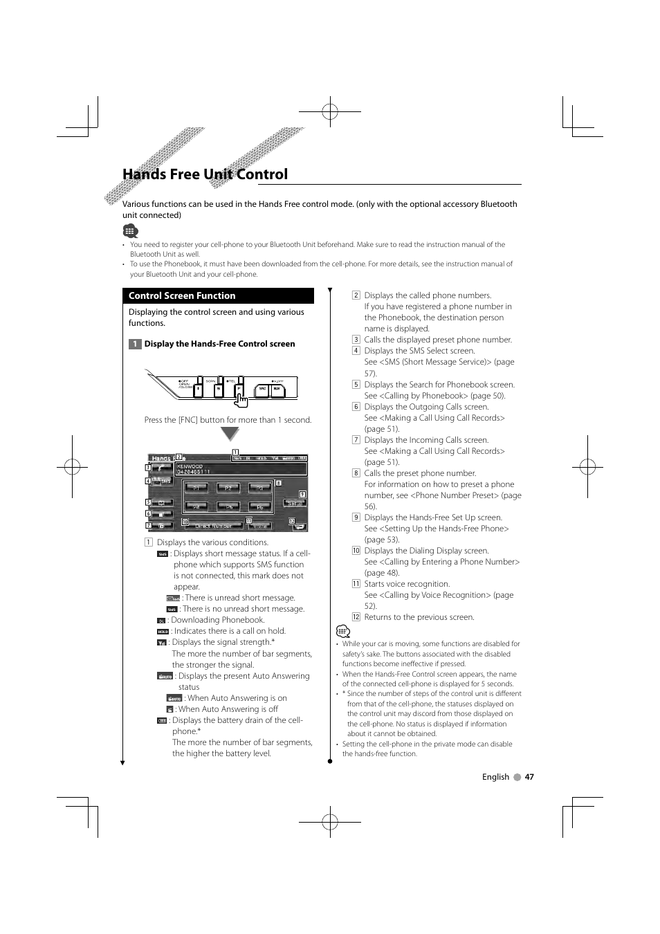 Hands free unit control | Kenwood KVT-526DVD User Manual | Page 47 / 96