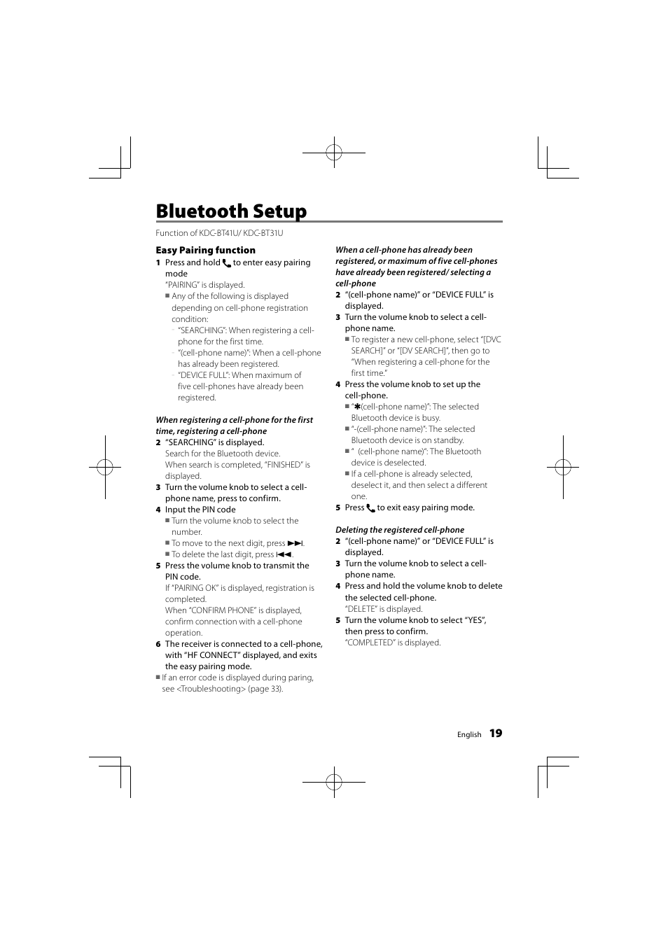 Bluetooth setup | Kenwood KDC-BT41U User Manual | Page 19 / 40