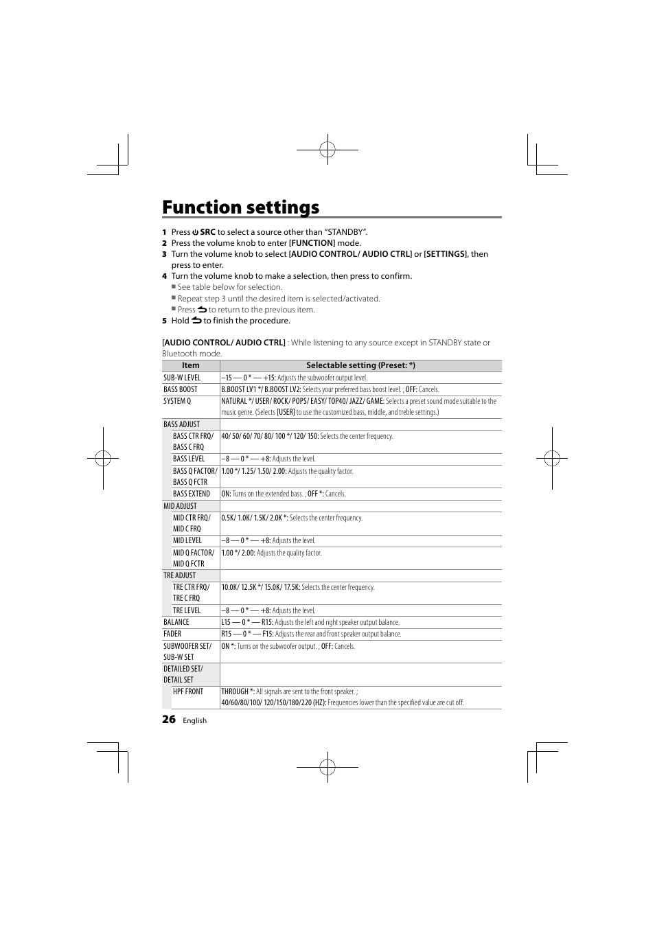 Function settings | Kenwood KDC-BT41U User Manual | Page 26 / 40