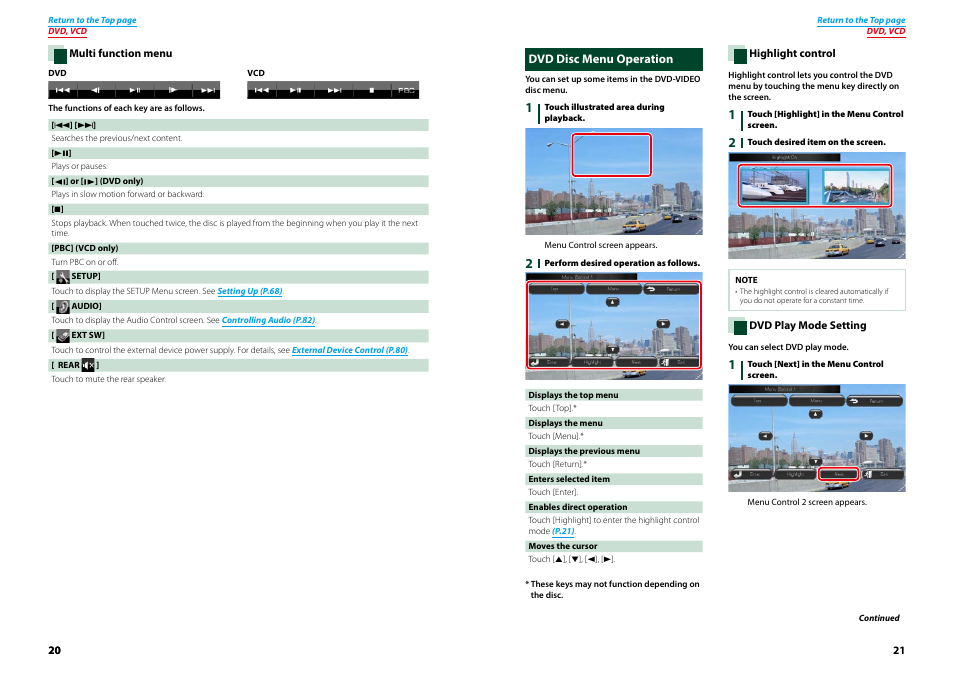 Dvd disc menu operation, Multi function menu (p.20), Multi | Function menu (p.20) | Kenwood DNX9210BT User Manual | Page 11 / 58