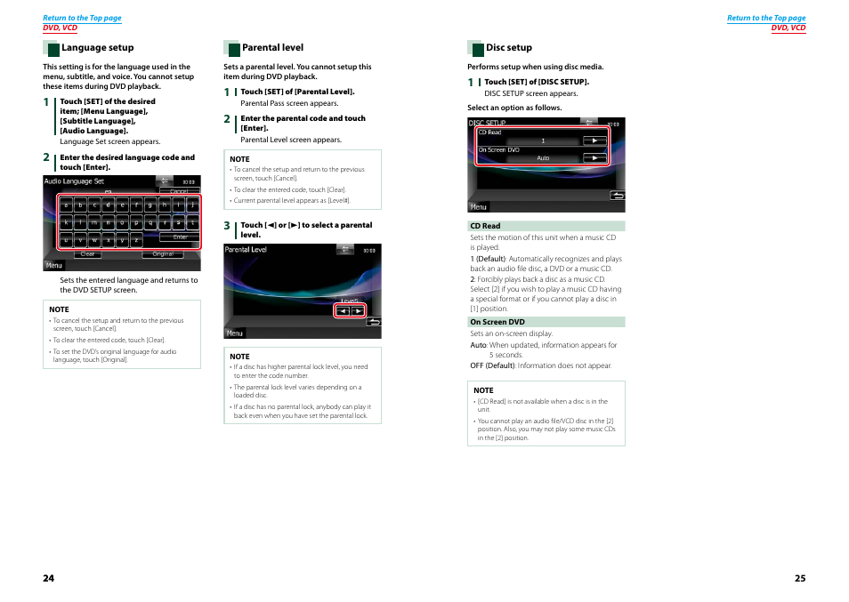 Language setup (p.24), Parental level (p.24), Disc setup (p.25) | Kenwood DNX9210BT User Manual | Page 13 / 58