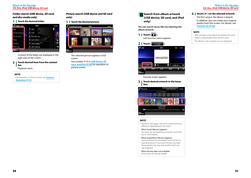 Search from album, Artwork (p.35), P.34) | Kenwood DNX9210BT User Manual | Page 18 / 58