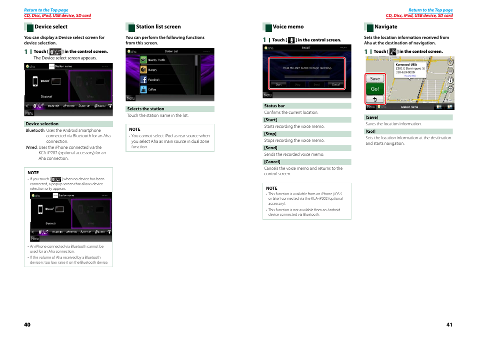 Navigate, P.41), Voice memo | Device select (p.40), Station list screen (p.40) | Kenwood DNX9210BT User Manual | Page 21 / 58