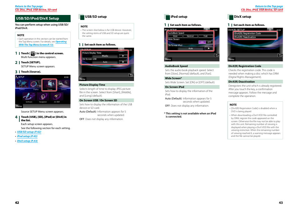 Usb/sd/ipod/divx setup | Kenwood DNX9210BT User Manual | Page 22 / 58