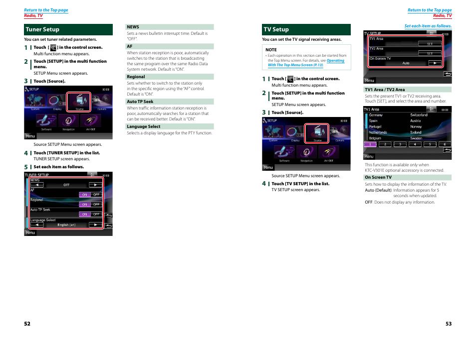 Tuner setup, Tv setup, Tuner setup tv setup | Kenwood DNX9210BT User Manual | Page 27 / 58