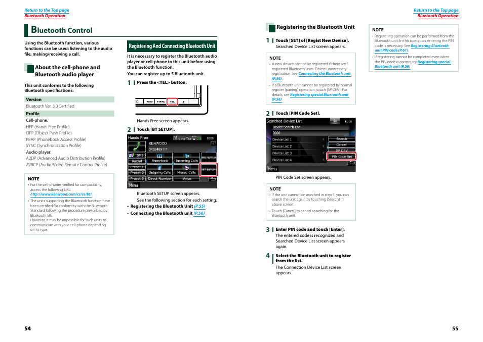 Bluetooth control, Registering and connecting bluetooth unit, Registering and connecting | Bluetooth unit, P.54), Registering the bluetooth unit (p.55), Luetooth control | Kenwood DNX9210BT User Manual | Page 28 / 58