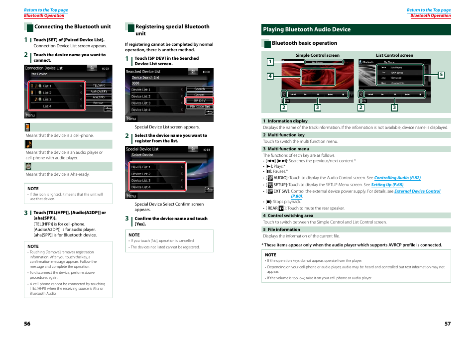 Playing bluetooth audio device, Oth unit, P.56) | Connecting the bluetooth unit, Registering special bluetooth unit, Registering special, Bluetooth unit (p.56) | Kenwood DNX9210BT User Manual | Page 29 / 58