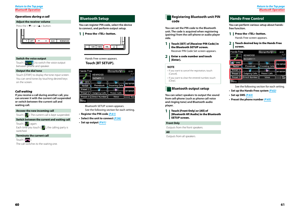 Bluetooth setup, Hands-free control, Bluetooth setup hands-free control | Registering bluetooth, Unit pin code (p.61) | Kenwood DNX9210BT User Manual | Page 31 / 58