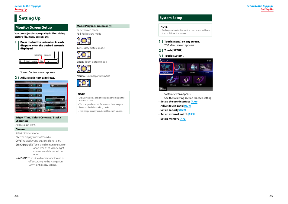 Setting up, Monitor screen setup, System setup | Monitor screen setup system setup, Setting up (p.68), External d, Etting up | Kenwood DNX9210BT User Manual | Page 35 / 58