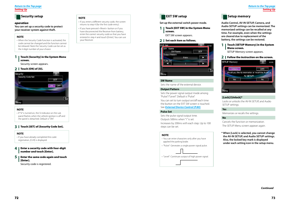 Ext sw setup (p.73), P.72), P.73) | Kenwood DNX9210BT User Manual | Page 37 / 58