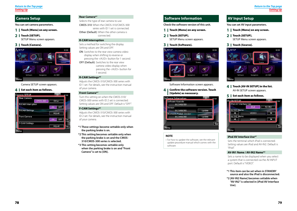 Camera setup, Software information, Av input setup | Camera setup software information av input setup, Camera setup (p.78) | Kenwood DNX9210BT User Manual | Page 40 / 58