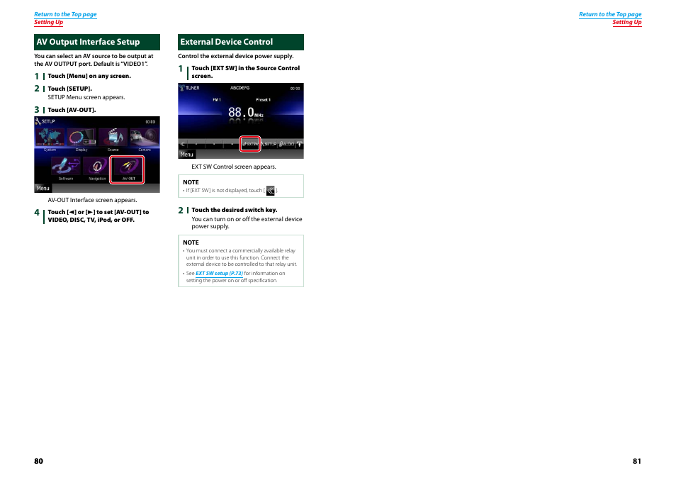 Av output interface setup, External device control, Av output interface setup external device control | External device control (p.80), Evice control, P.80) | Kenwood DNX9210BT User Manual | Page 41 / 58
