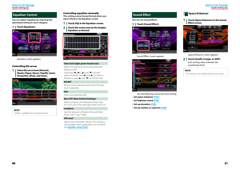 Equalizer control, Sound effect, Equalizer control sound effect | P.86), P.87) | Kenwood DNX9210BT User Manual | Page 44 / 58