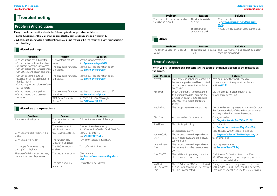 Troubleshooting, Problems and solutions, Error messages | Troubleshooting 96, Problems and solutions error messages, Roubleshooting | Kenwood DNX9210BT User Manual | Page 49 / 58