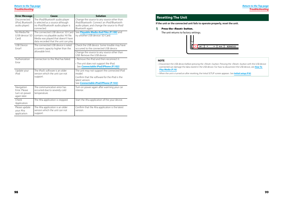 Resetting the unit, P.99) | Kenwood DNX9210BT User Manual | Page 50 / 58