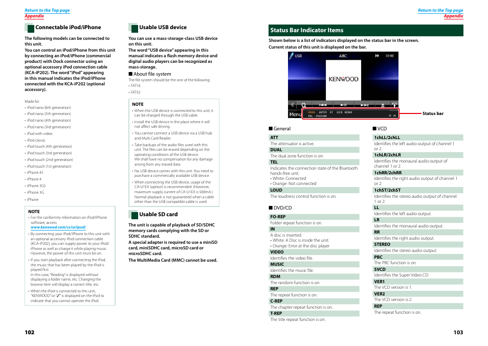 Status bar indicator items, Connectable ipod/iphone (p.102) | Kenwood DNX9210BT User Manual | Page 52 / 58