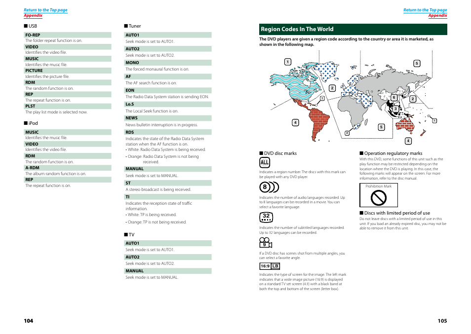 Region codes in the world, Region codes in the world (p.105) | Kenwood DNX9210BT User Manual | Page 53 / 58