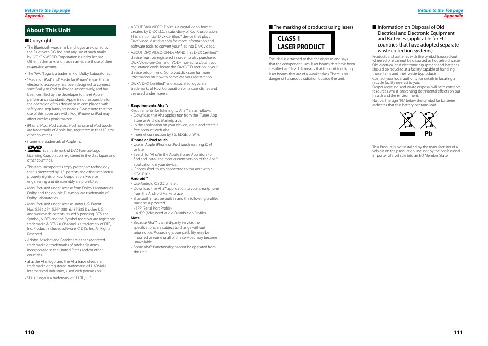 About this unit, P.110), Class 1 laser product | Kenwood DNX9210BT User Manual | Page 56 / 58