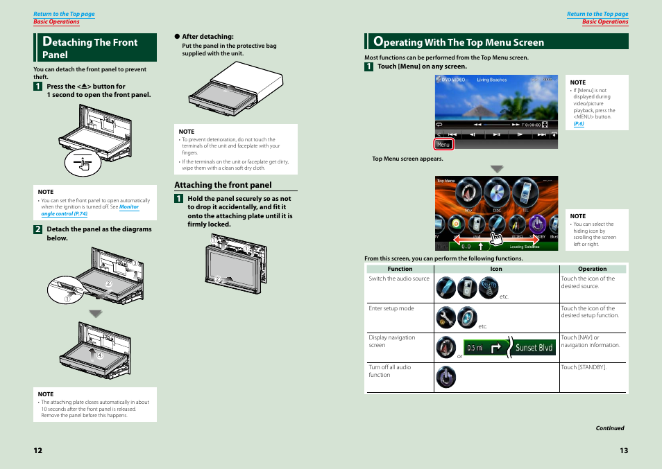 Detaching the front panel, Operating with the top menu screen, P.13) | Detaching the, Front panel (p.12), Etaching the front panel, Perating with the top menu screen | Kenwood DNX9210BT User Manual | Page 7 / 58