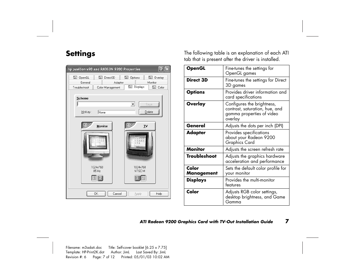 Settings | ATI Technologies 9200 User Manual | Page 11 / 12
