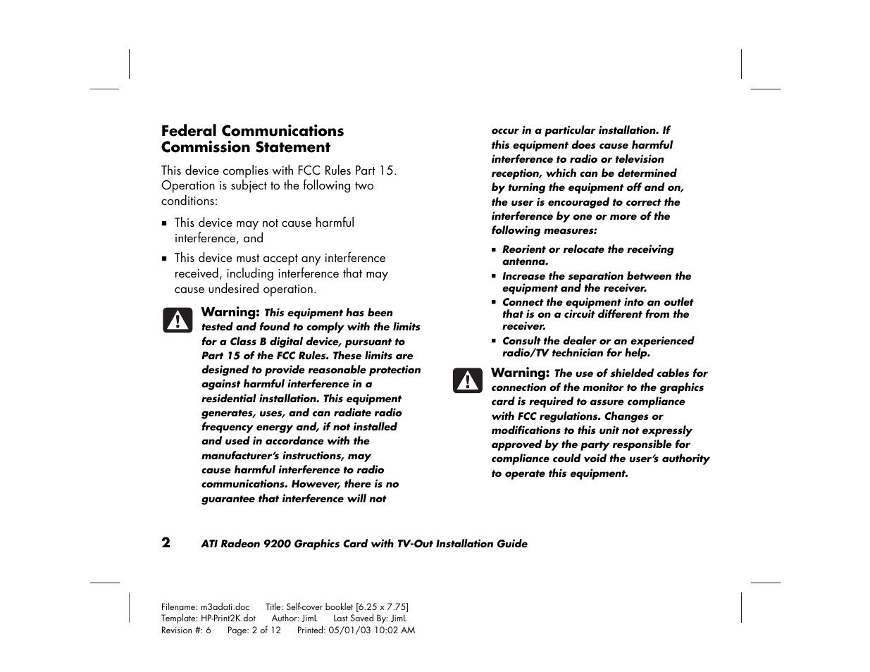Federal communications commission statement | ATI Technologies 9200 User Manual | Page 6 / 12