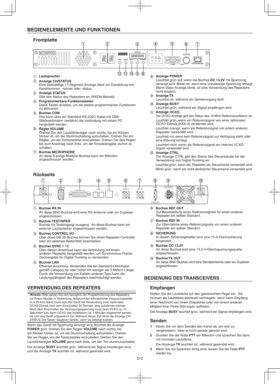 Bedienelemente und funktionen, Verwendung des repeaters, Rückseite | Frontplatte, Bedienung des transceivers, Empfangen, Senden, Hi j | Kenwood NXR-800E User Manual | Page 10 / 16