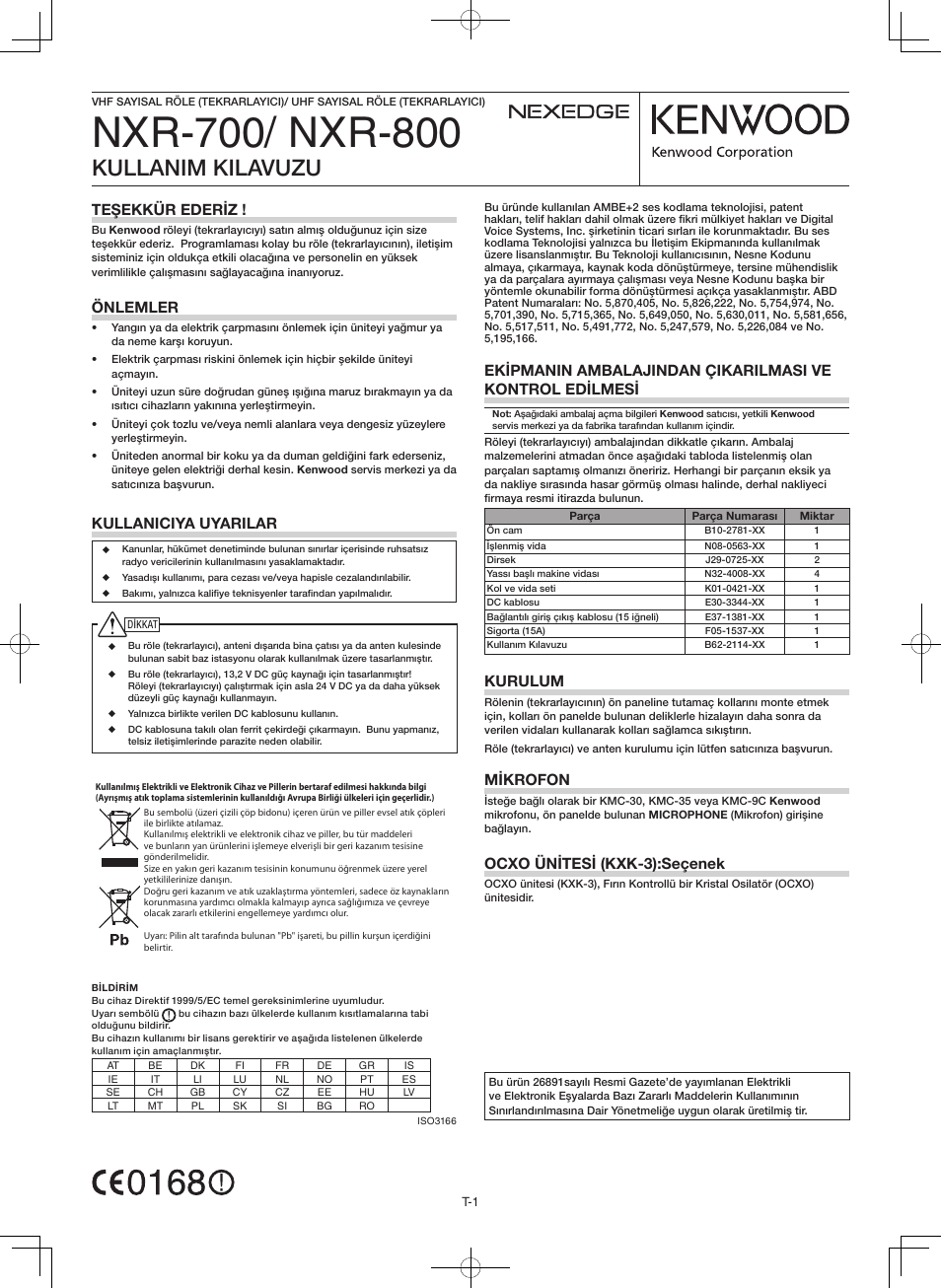 Kullanim kilavuzu, Kurulum, Mikrofon | Ocxo ünitesi (kxk-3):seçenek, Kullaniciya uyarilar, Teşekkür ederiz, Önlemler | Kenwood NXR-800E User Manual | Page 13 / 16