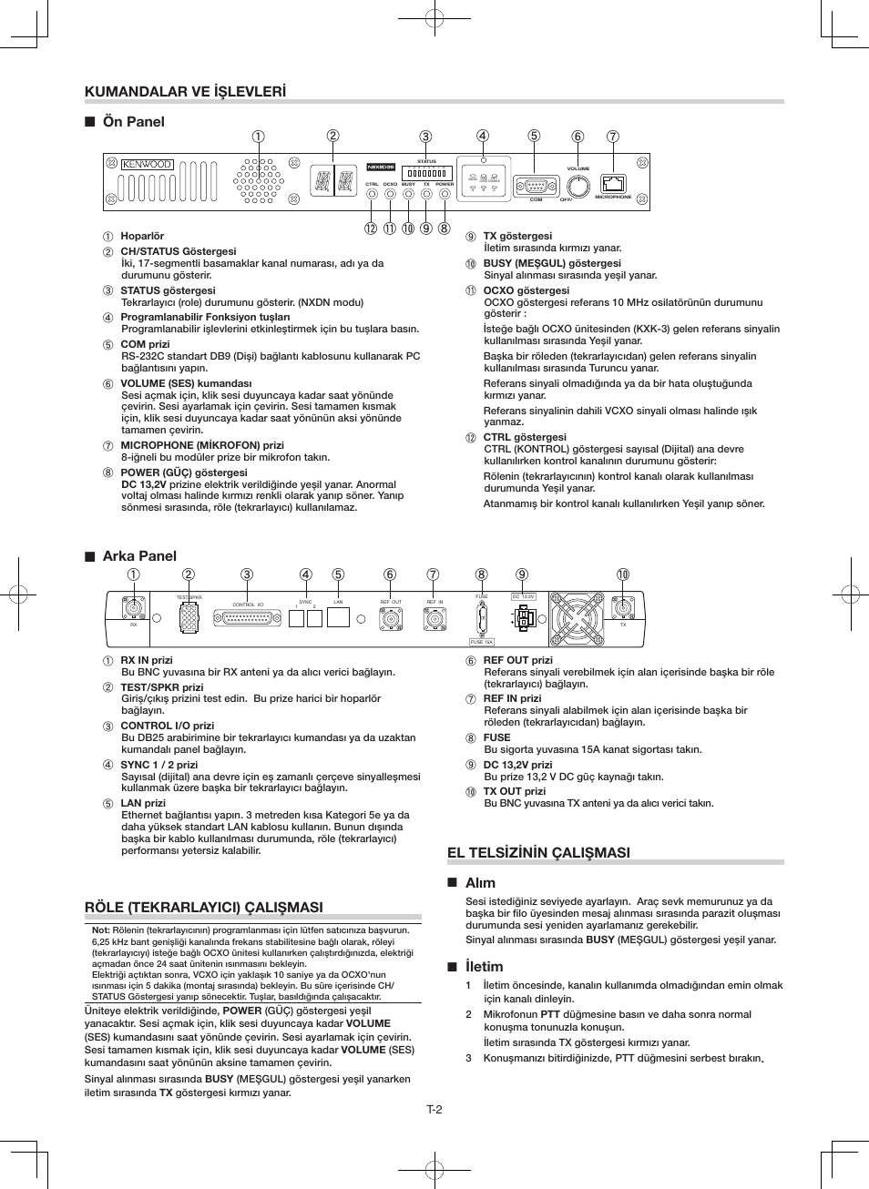 Röle (tekrarlayici) çalişmasi, Arka panel, Kumandalar ve işlevleri ■ ön panel | El telsizinin çalişmasi, Alım, Iletim, Jk l, Hi j | Kenwood NXR-800E User Manual | Page 14 / 16