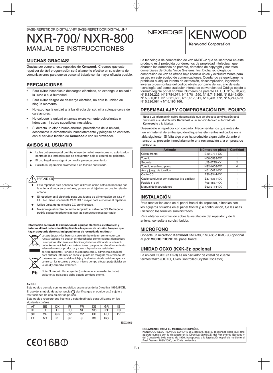 Manual de instrucctiones, Muchas gracias, Precauciones | Avisos al usuario, Desembalaje y comprobación del equipo, Instalación, Micrófono, Unidad ocxo (kxk-3): opcional | Kenwood NXR-800E User Manual | Page 5 / 16