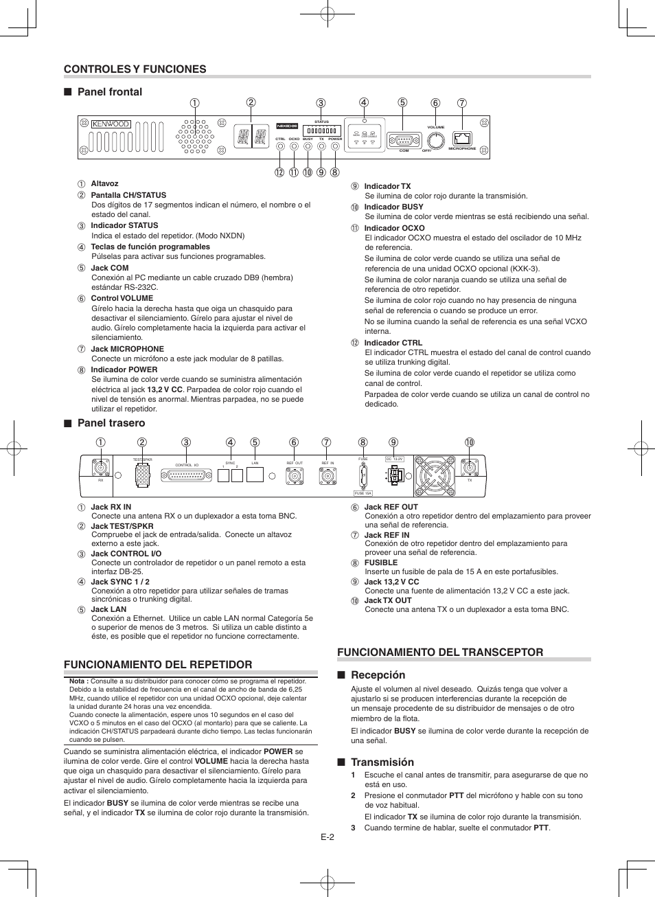 Funcionamiento del repetidor, Panel trasero, Controles y funciones ■ panel frontal | Funcionamiento del transceptor ■ recepción, Transmisión, Hi j, Jk l | Kenwood NXR-800E User Manual | Page 6 / 16