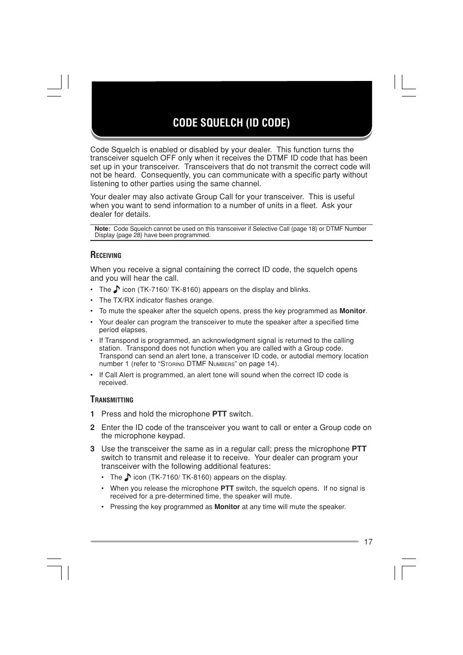 Code squelch (id code) | Kenwood TK-7160E - Discontinued User Manual | Page 23 / 35