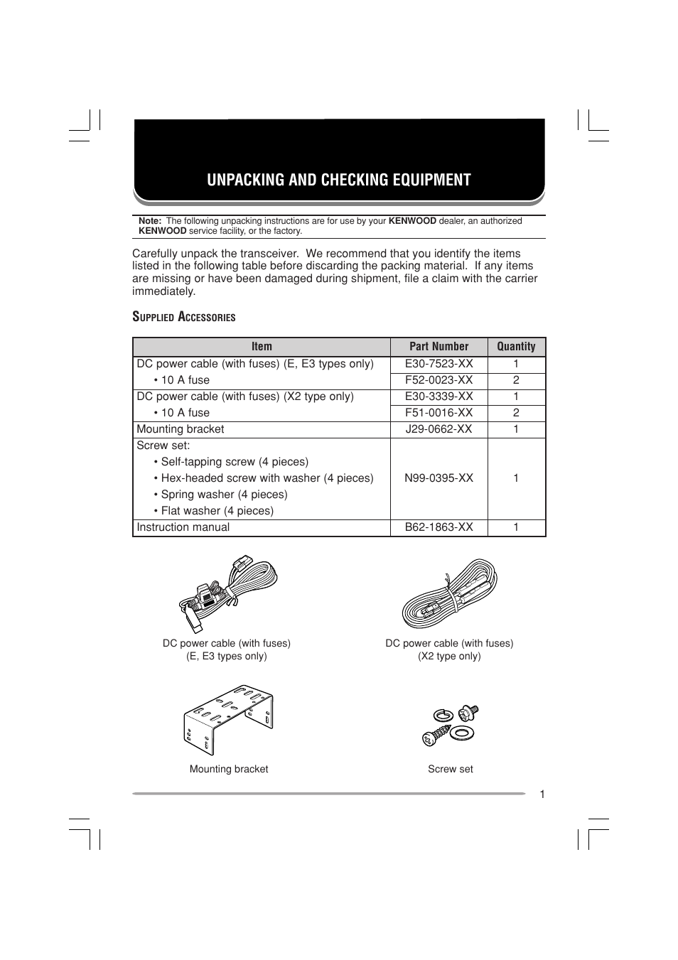 Unpacking and checking equipment | Kenwood TK-7160E - Discontinued User Manual | Page 7 / 35