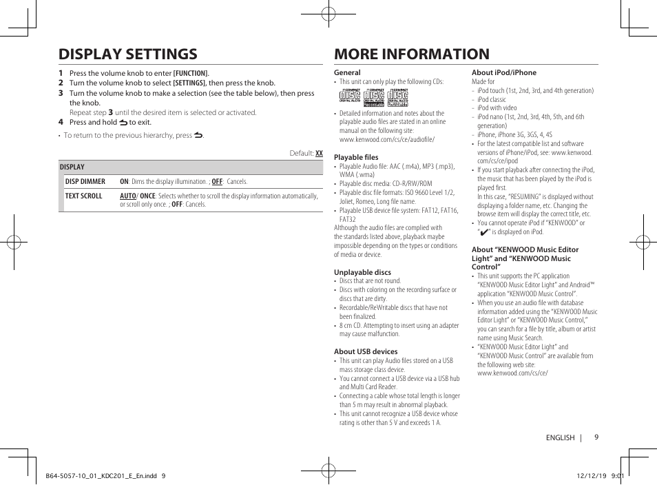 Display settings, More information | Kenwood KDC-101 User Manual | Page 11 / 15