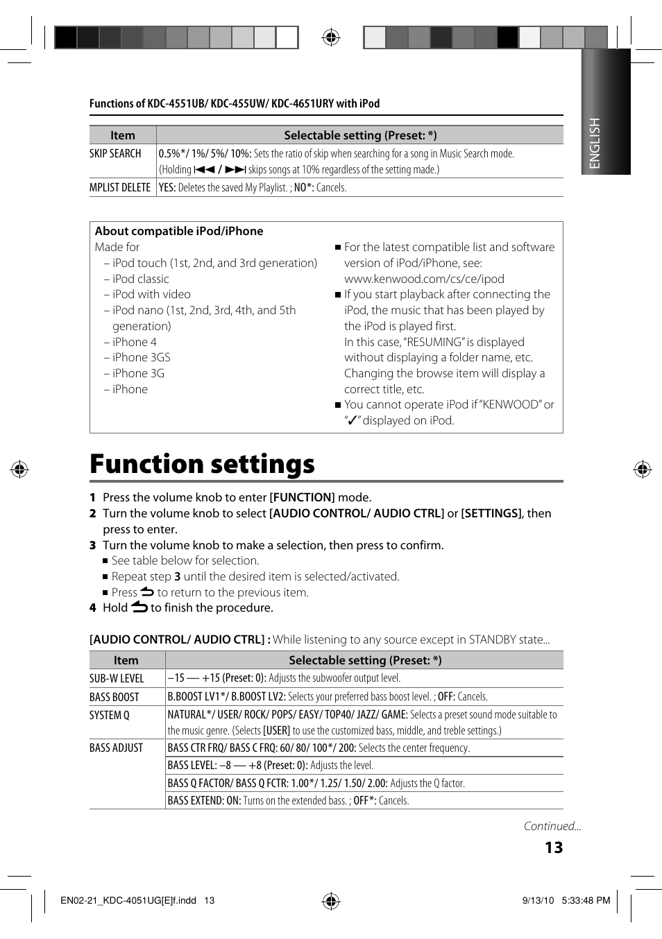 Function settings | Kenwood KDC-4551UB User Manual | Page 13 / 21