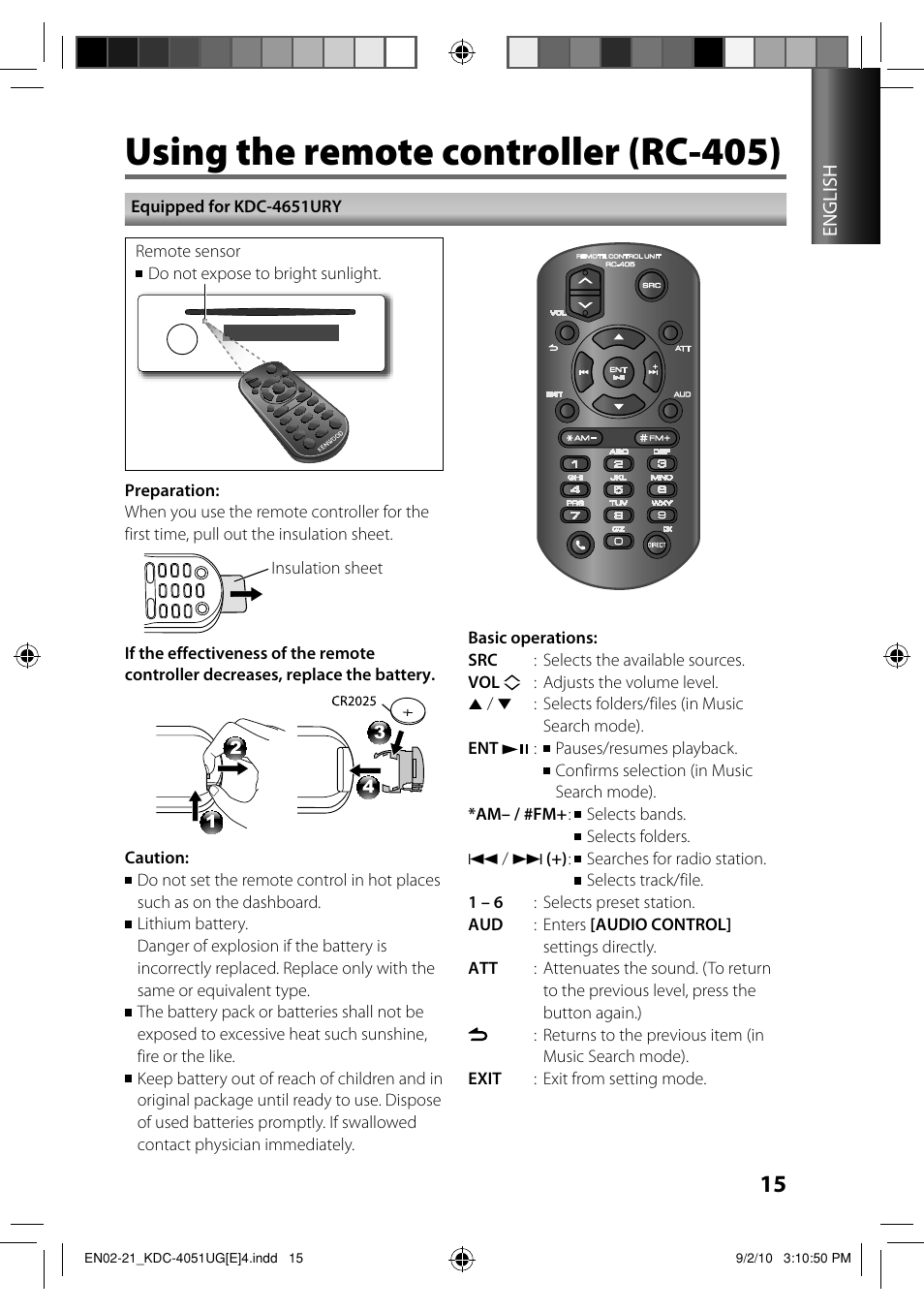 Using the remote controller (rc-405) | Kenwood KDC-4551UB User Manual | Page 15 / 21