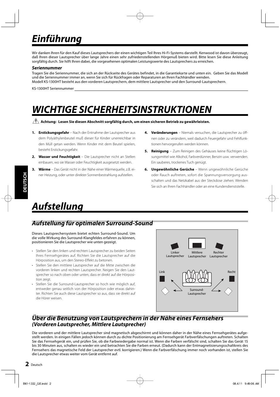 Einführung, Wichtige sicherheitsinstruktionen, Aufstellung | Aufstellung für optimalen surround-sound, Vorderen lautsprecher, mittlere lautsprecher) | Kenwood KS-1300HT-B User Manual | Page 10 / 28