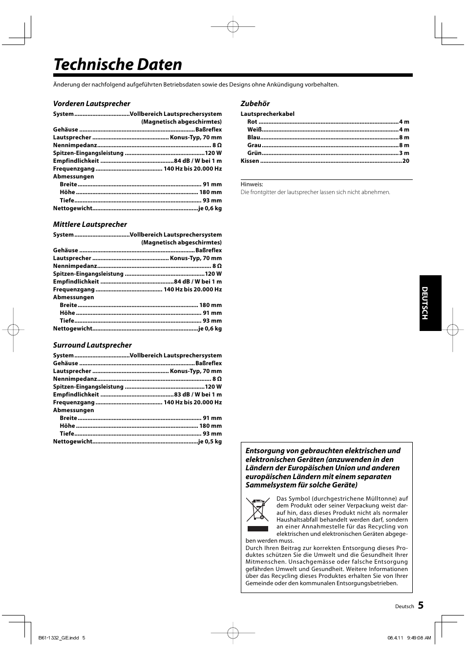 Technische daten | Kenwood KS-1300HT-B User Manual | Page 13 / 28