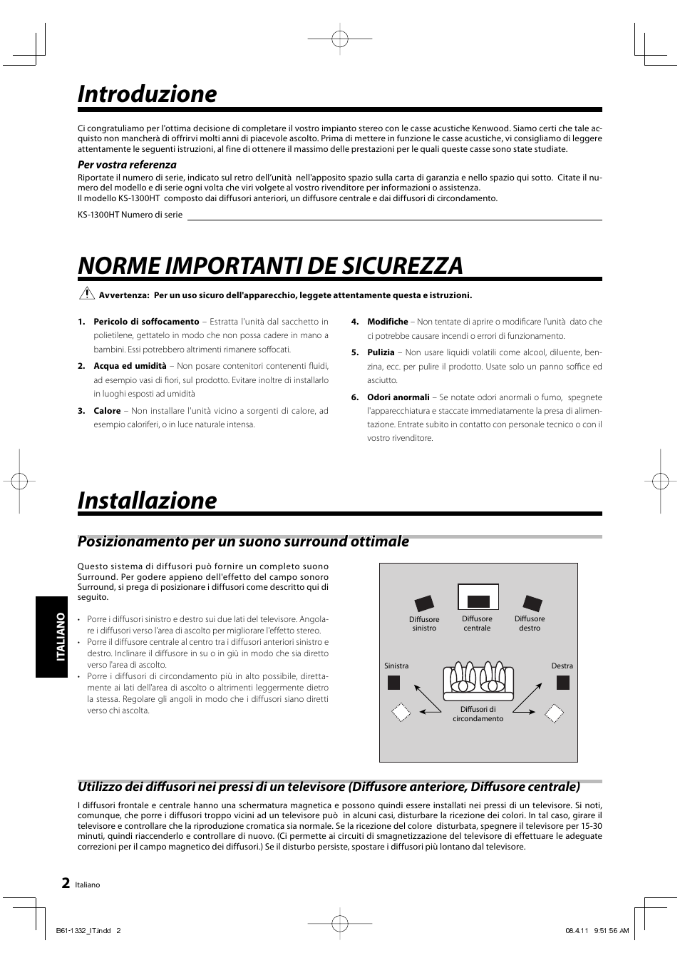 Introduzione, Norme importanti de sicurezza, Installazione | Posizionamento per un suono surround ottimale | Kenwood KS-1300HT-B User Manual | Page 18 / 28