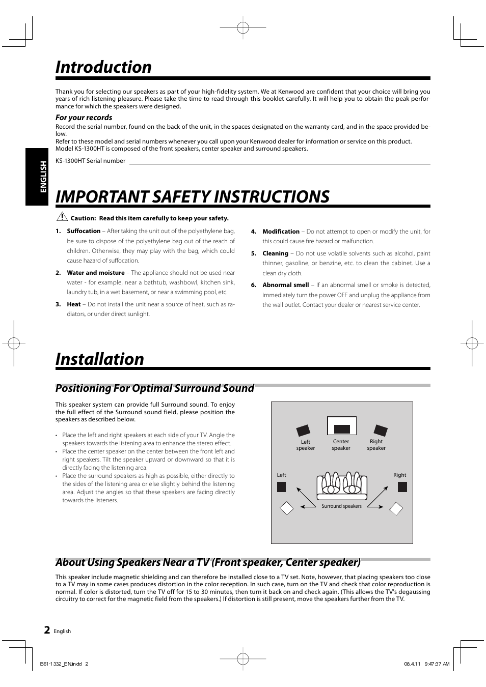 Introduction, Important safety instructions, Installation | Positioning for optimal surround sound | Kenwood KS-1300HT-B User Manual | Page 2 / 28