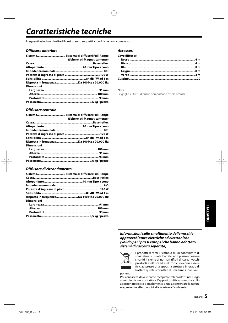 Caratteristiche tecniche | Kenwood KS-1300HT-B User Manual | Page 21 / 28