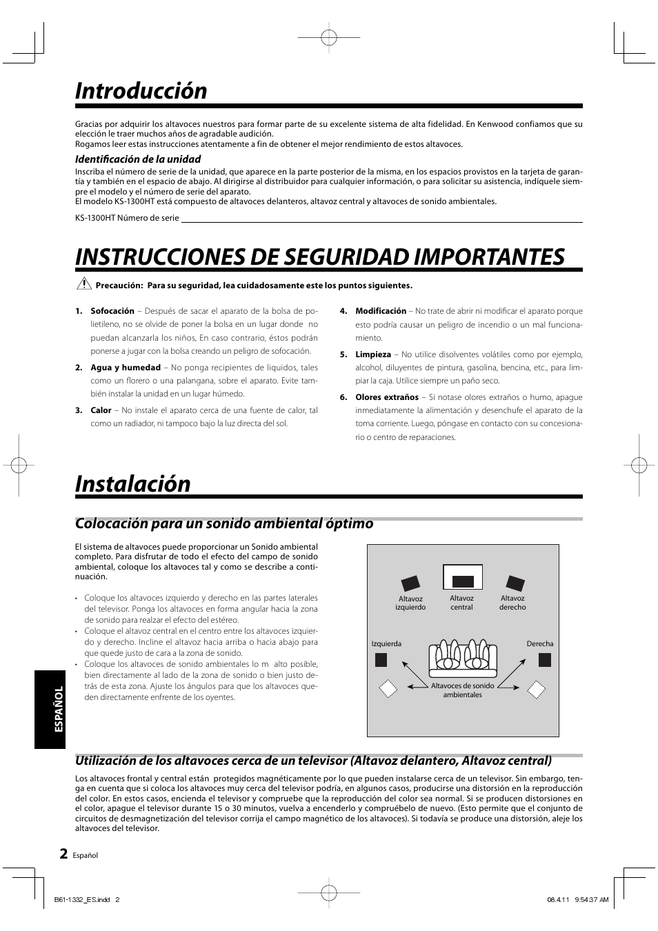 Introducción, Instrucciones de seguridad importantes, Instalación | Colocación para un sonido ambiental óptimo | Kenwood KS-1300HT-B User Manual | Page 22 / 28