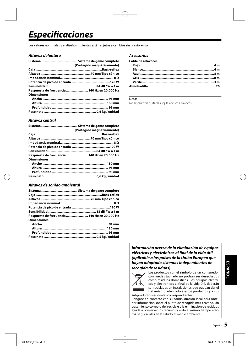 Especificaciones | Kenwood KS-1300HT-B User Manual | Page 25 / 28