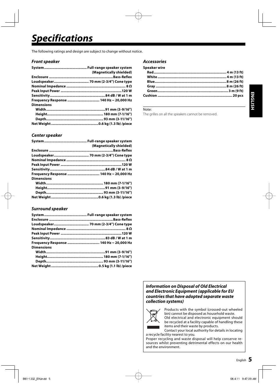 Specifications | Kenwood KS-1300HT-B User Manual | Page 5 / 28