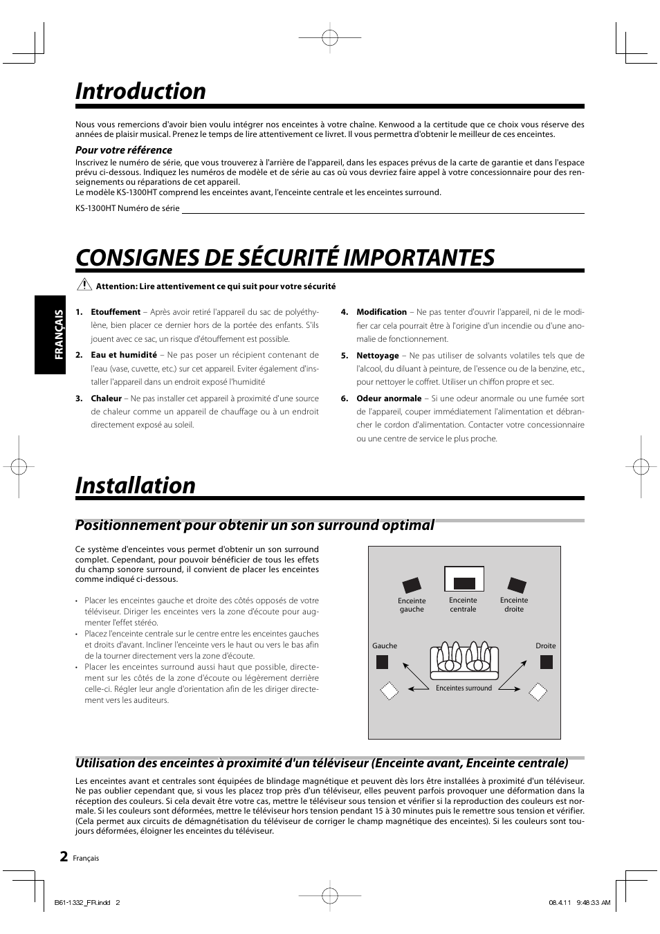 Introduction, Consignes de sécurité importantes, Installation | Kenwood KS-1300HT-B User Manual | Page 6 / 28