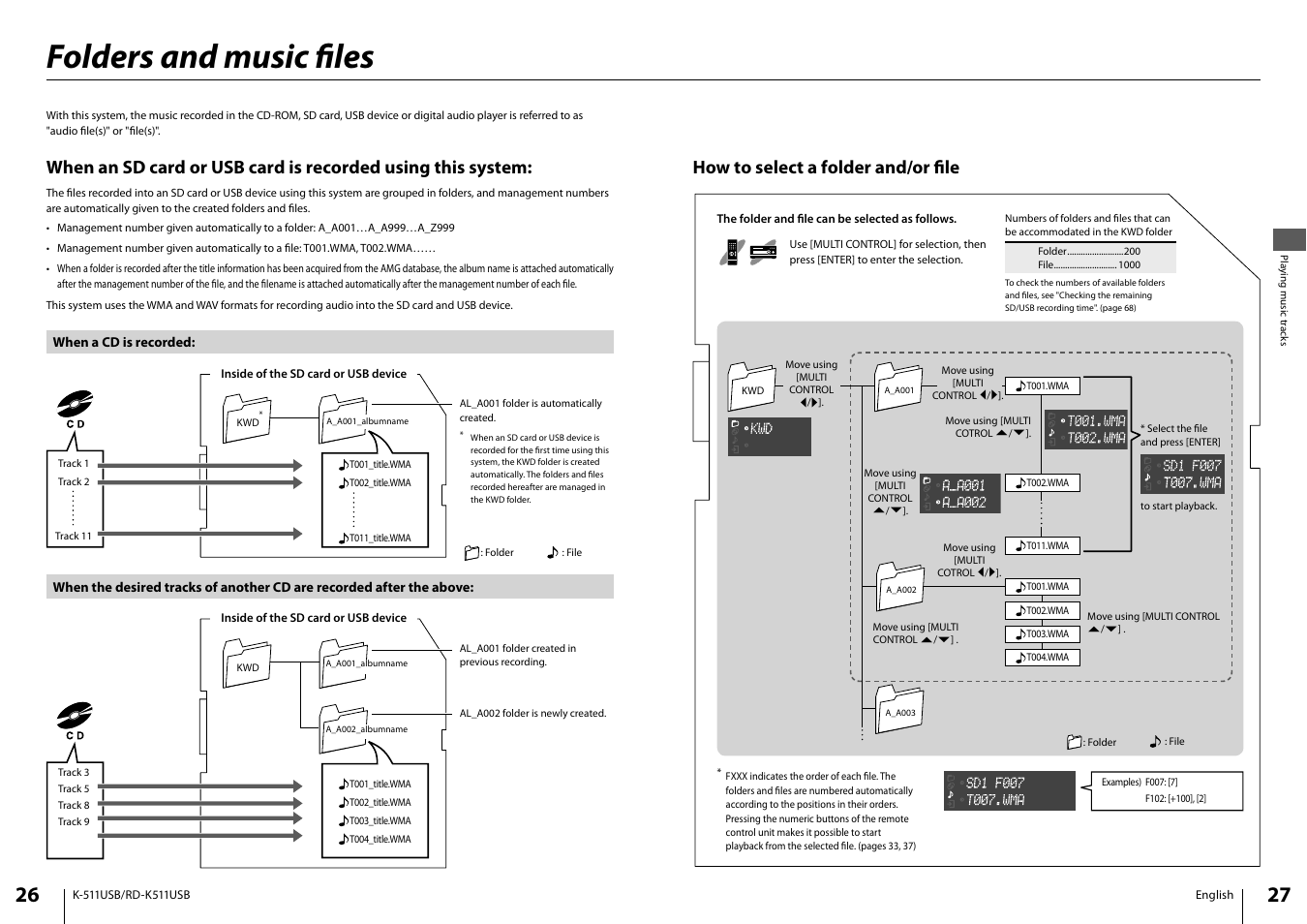 Folders and music fi les, How to select a folder and/or fi le | Kenwood K-511USB-B User Manual | Page 14 / 59