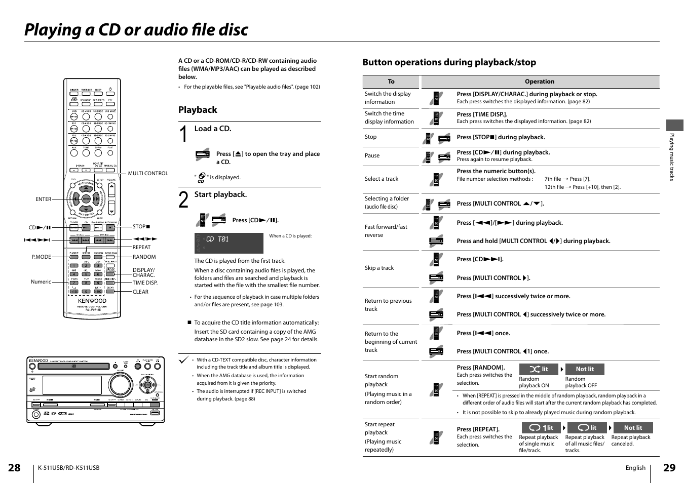 Playing a cd or audio fi le disc, Button operations during playback/stop, Playback | Kenwood K-511USB-B User Manual | Page 15 / 59