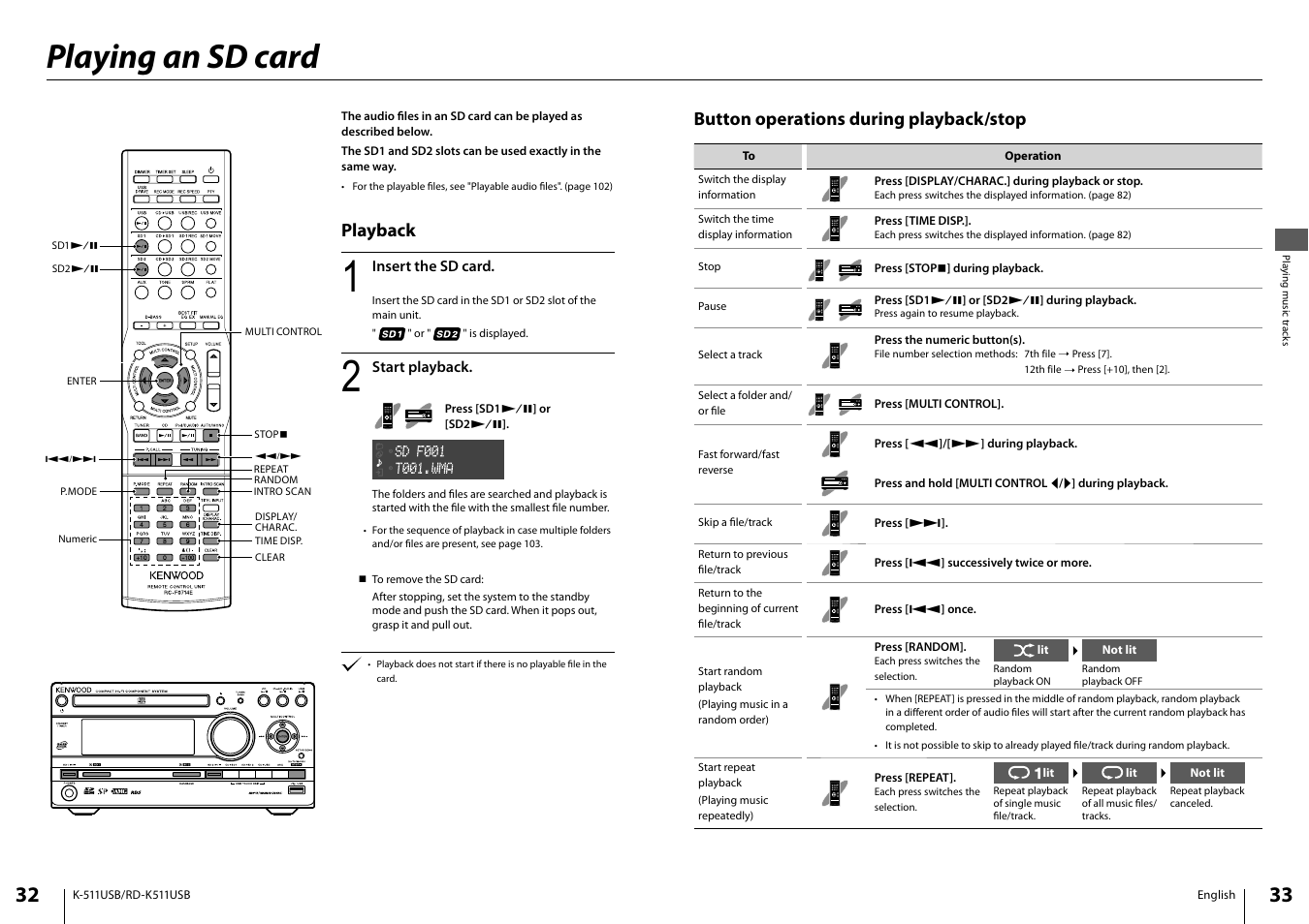 Playing an sd card, Button operations during playback/stop, Playback | Kenwood K-511USB-B User Manual | Page 17 / 59