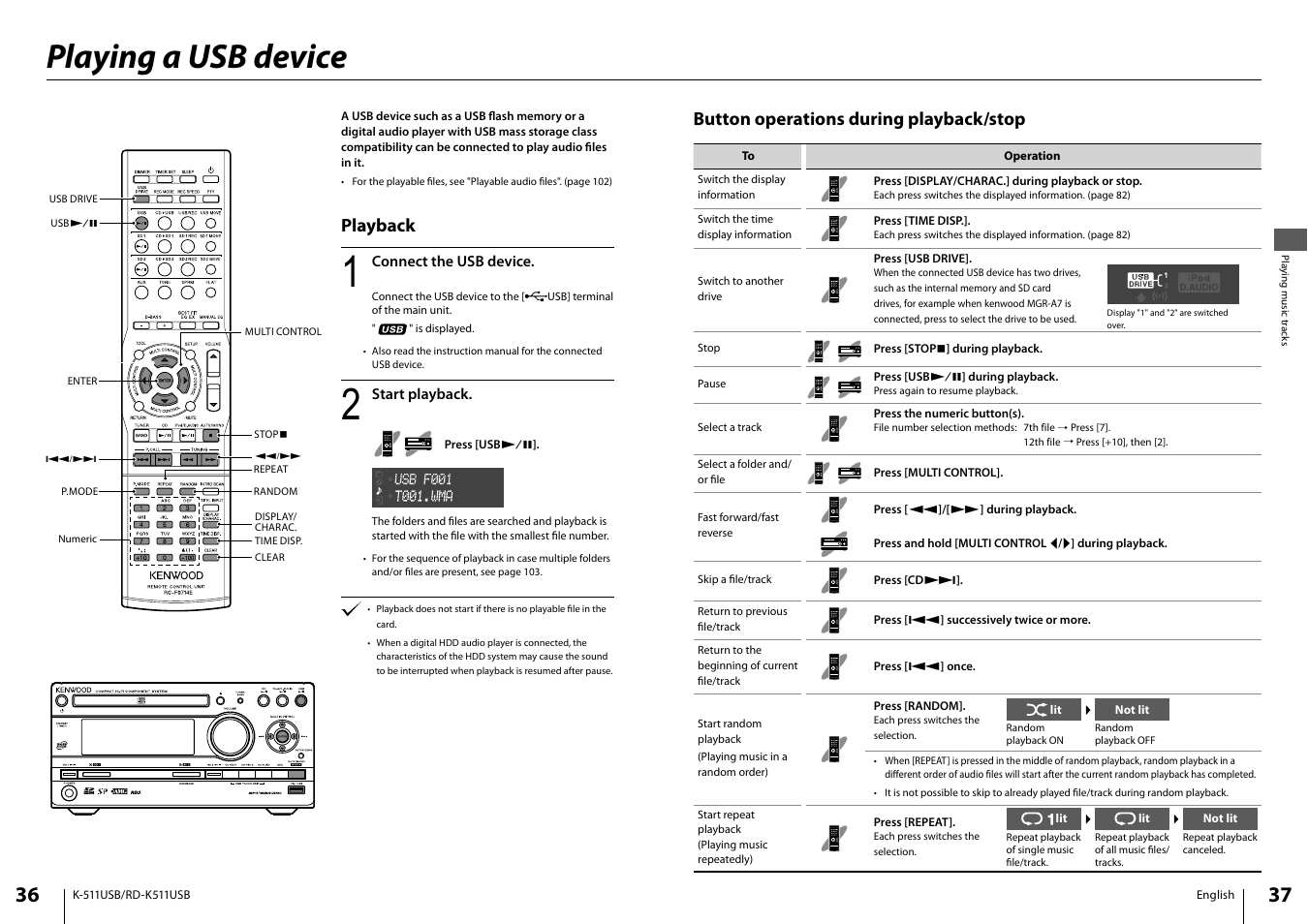 Playing a usb device, Playback, Button operations during playback/stop | Kenwood K-511USB-B User Manual | Page 19 / 59