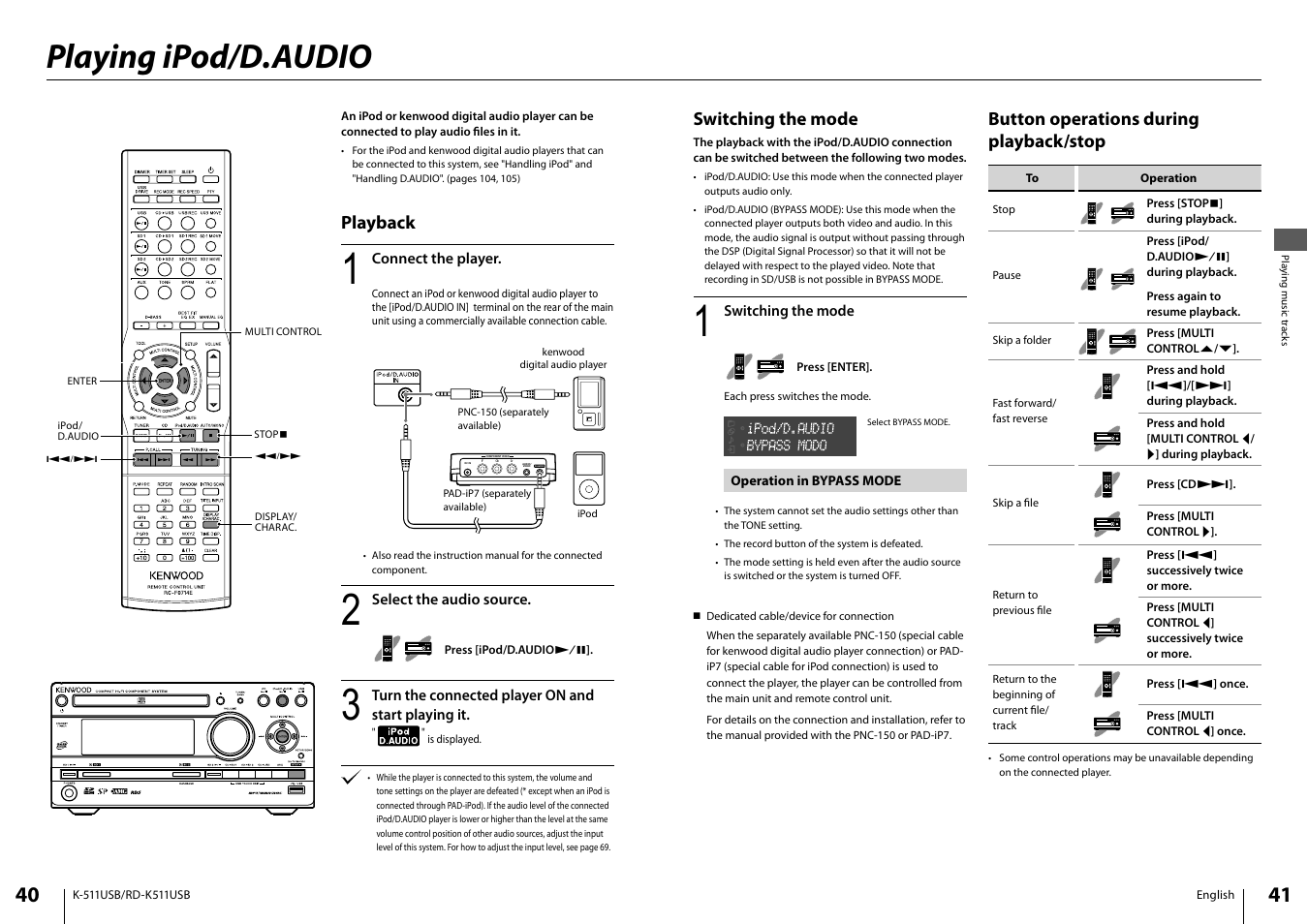 Playing ipod/d.audio, Audio/ video dc in component video d.audio, Playback | Switching the mode, Button operations during playback/stop | Kenwood K-511USB-B User Manual | Page 21 / 59